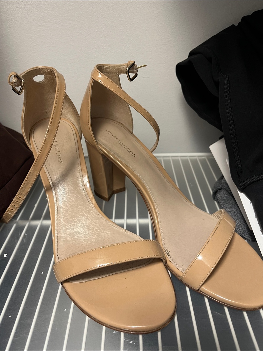 Stuart Weitzman nudist Beige Patent Ankle-Strap Block Heels size 9